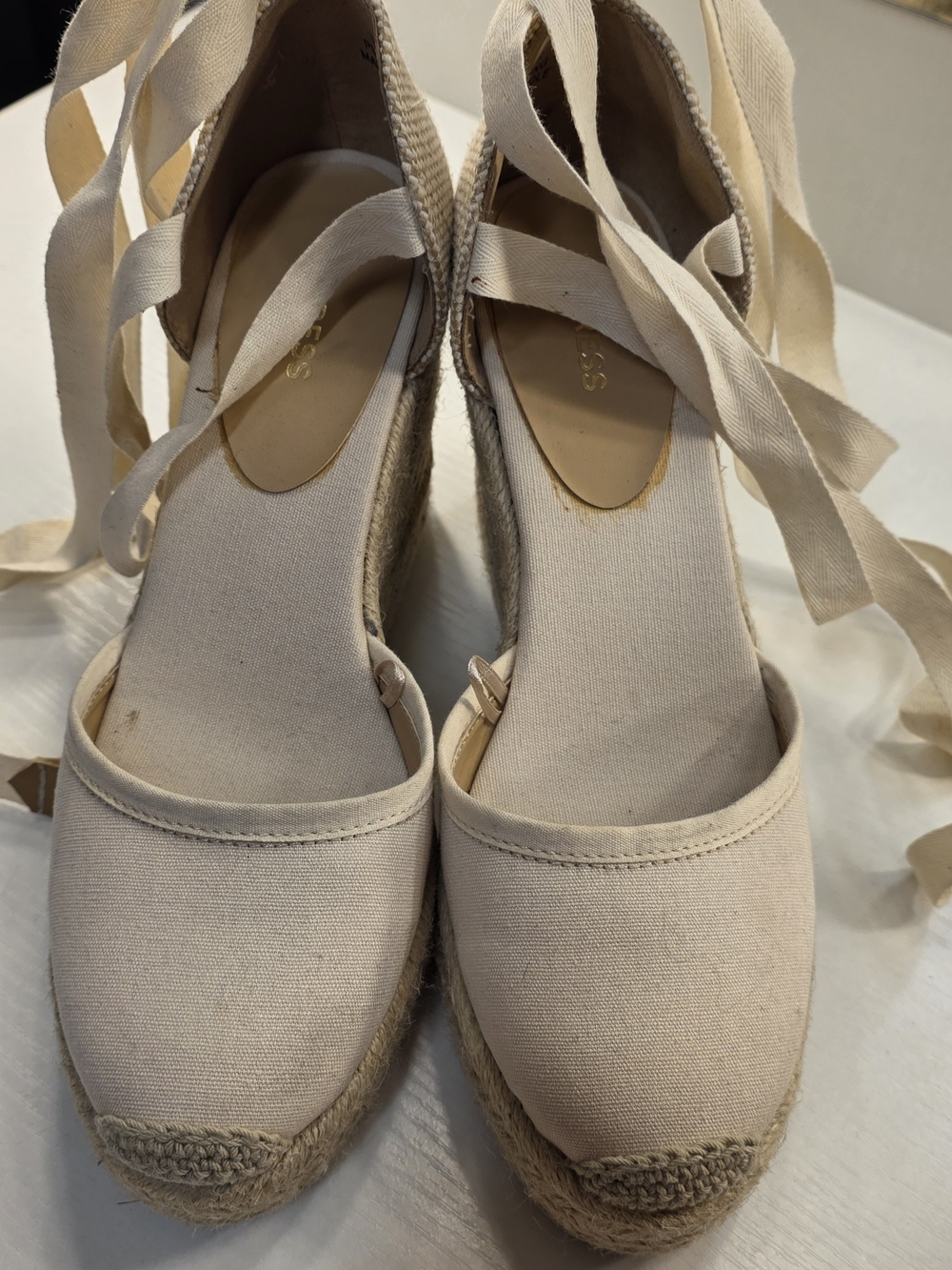 Express Cream Canvas Espadrille Wedge Sandals with Ankle Ties